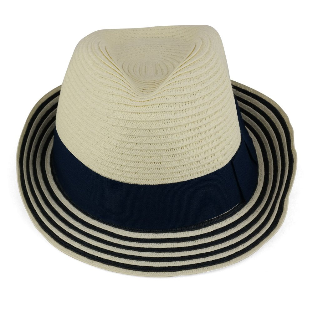 Trendy Apparel Shop Ladies Stylish Striped Brim Paper Braid Fedora with Hat Band