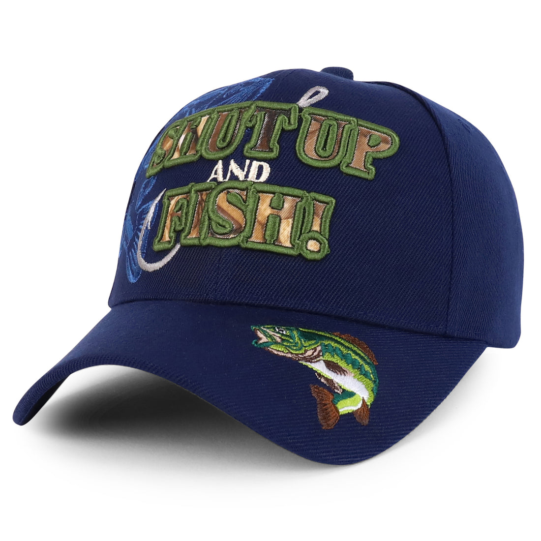 Shut Up and Fish with Bass and Hook Embroidered Structured Baseball Cap