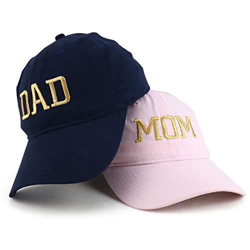 Trendy Apparel Shop Capital Gold Thread Mom and Dad Soft Cotton 2 Pc Cap Set