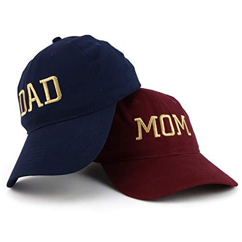 Trendy Apparel Shop Capital Gold Thread Mom and Dad Soft Cotton 2 Pc Cap Set