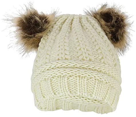 Trendy Apparel Shop Kid's Youth Size Girls Cable Knit Fur Pom Ears Beanie Hat