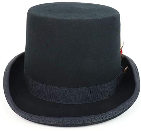 Trendy Apparel Shop 100% Wool Felt Feather Grosgrain Band Men's Top Hat