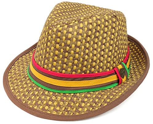 Trendy Apparel Shop Two Tone Paper Woven Straw Fedora Hat with Rasta Band - TAN
