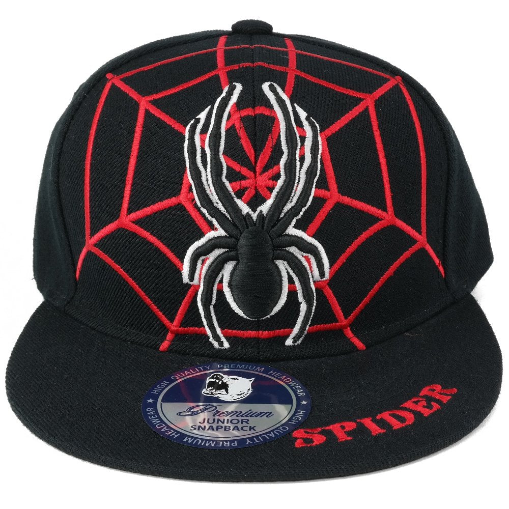 Trendy Apparel Shop Youth Size Spider Text With Spider and Web Flatbill Snapback Cap
