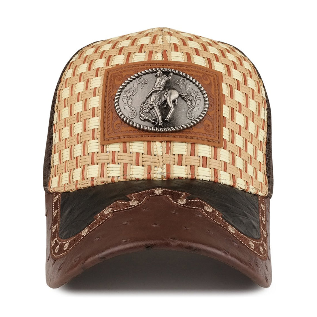 Trendy Apparel Shop Straw Design Metallic Rodeo Cowboy Horse Metal Logo Trucker Mesh Baseball Cap