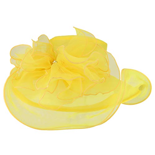 Trendy Apparel Shop Big Brim Pleated Rhinestone Brooch Flower Organza Hat