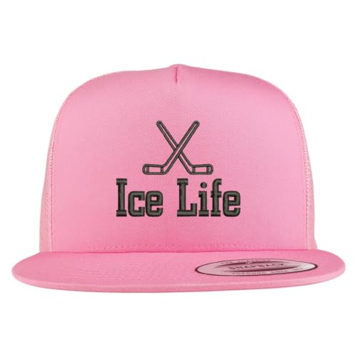 Trendy Apparel Shop Hockey Ice Life Embroidered 5 Panel Flatbill Trucker Mesh Cap