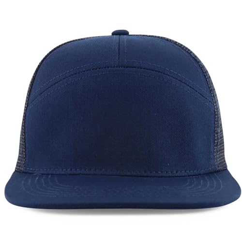 Trendy Apparel Shop Plain 7 Panel Structured Flat Bill Mesh Back Trucker Cap