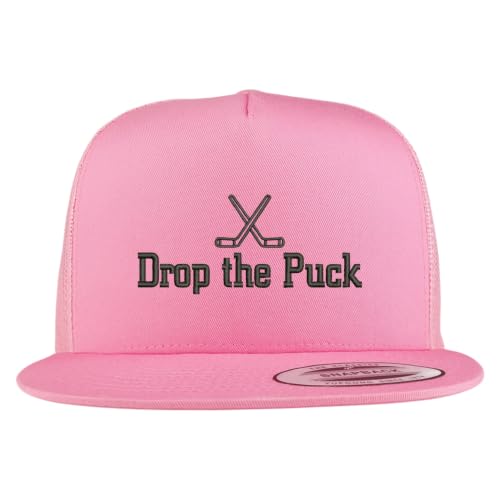 Trendy Apparel Shop Drop the Puck Embroidered 5 Panel Flatbill Trucker Mesh Cap
