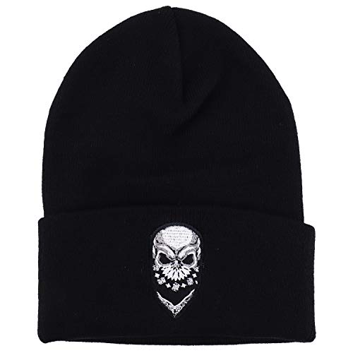 Trendy Apparel Shop Paisley Bandana Skull Embroidered Winter Cuff Folded Beanie