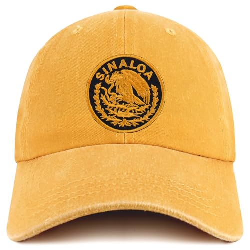 Trendy Apparel Shop Sinaloa Mexico Gold Embroidered Patch Pigment Dyed Washed Baseball Cap