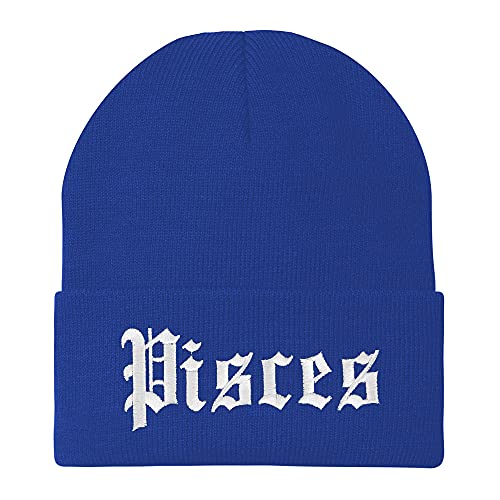 Trendy Apparel Shop Pisces Old English Embroidered Long Cuff Beanie