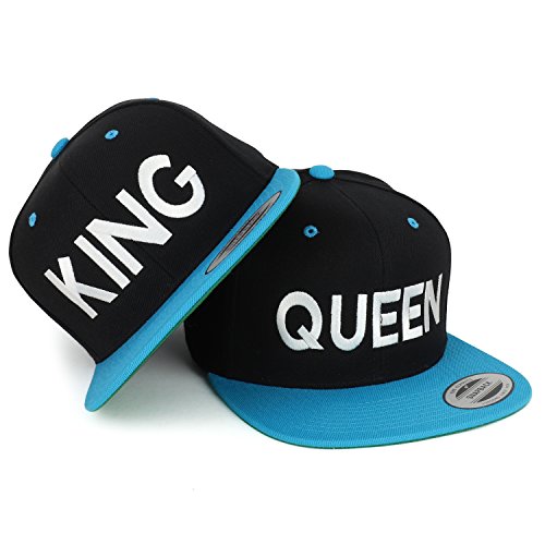 Trendy Apparel Shop King and Queen White Embroidered Flat Bill 2-Tone Ball Cap