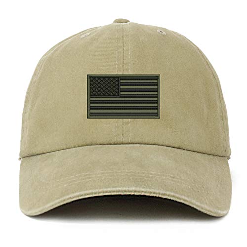 Trendy Apparel Shop XXL USA Olive Flag Embroidered Unstructured Washed Pigment Dyed Baseball Cap
