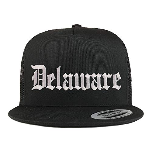 Trendy Apparel Shop Delaware State Old English 5 Panel Flatbill Trucker Mesh Cap
