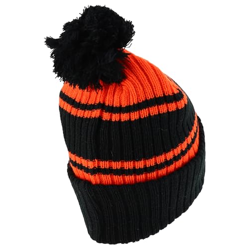 Trendy Apparel Shop Stripe Pattern Ribbed Knit Cuff Long Beanie with Pom Pom
