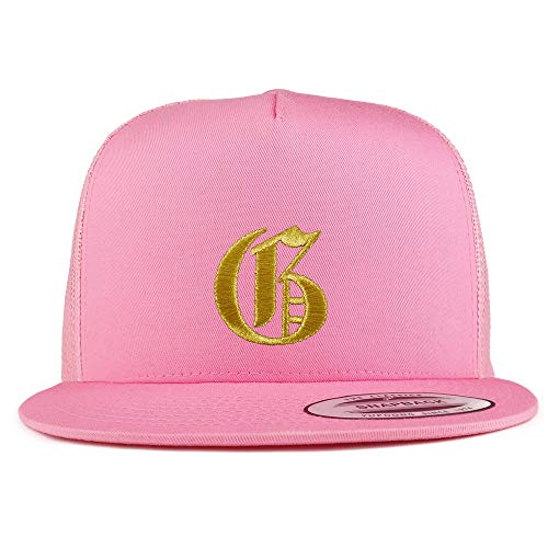 Trendy Apparel Shop Old English Gold G Embroidered 5 Panel Flatbill Trucker Mesh Cap