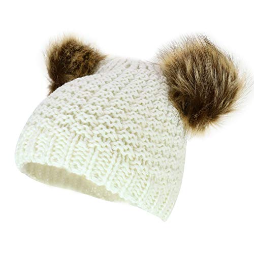 Trendy Apparel Shop Kid's Youth Size Girls Fur pom Ears Crochet Knit Beanie Hat