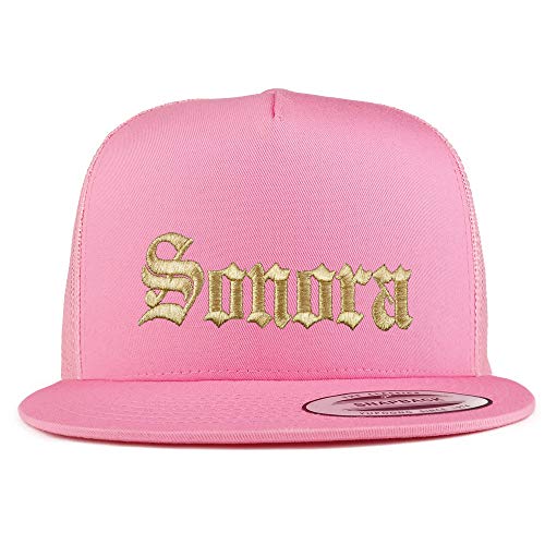Trendy Apparel Shop Old English Sonora Gold Embroidered 5 Panel Flatbill Trucker Mesh Cap