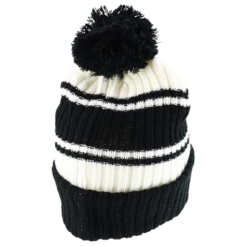 Trendy Apparel Shop Stripe Pattern Ribbed Knit Cuff Long Beanie with Pom Pom