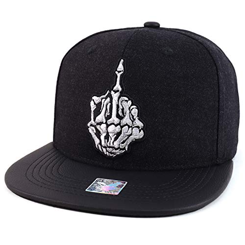 Trendy Apparel Shop Skull Finger Embroidered Leather Flatbill Snapback Cap