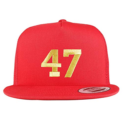 Trendy Apparel Shop Number 47 Gold Thread Embroidered Flat Bill 5 Panel Trucker Cap