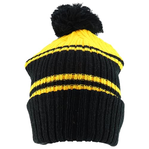 Trendy Apparel Shop Stripe Pattern Ribbed Knit Cuff Long Beanie with Pom Pom