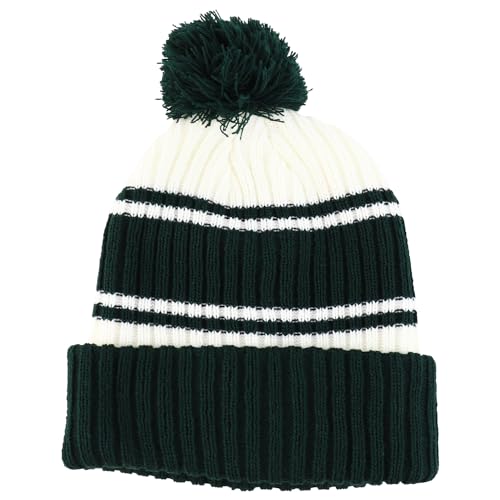 Trendy Apparel Shop Stripe Pattern Ribbed Knit Cuff Long Beanie with Pom Pom