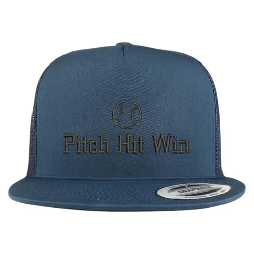 Trendy Apparel Shop Pitch Hit Win Embroidered 5 Panel Flatbill Trucker Mesh Cap
