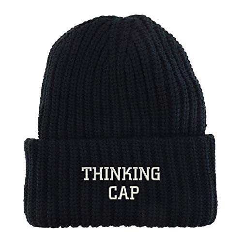 Trendy Apparel Shop Thinking Cap Embroidered Long Cuffed Thick Ribbed Beanie