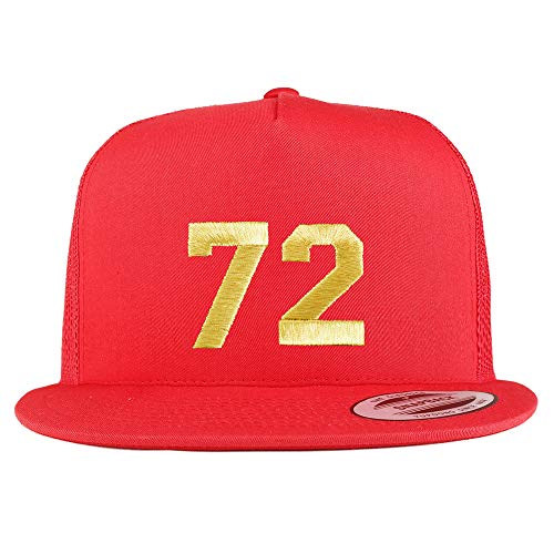 Trendy Apparel Shop Number 72 Gold Thread Embroidered Flat Bill 5 Panel Trucker Cap