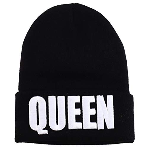 Trendy Apparel Shop 3D King and Queen Embroidered Winter Cuff Folded Long Beanie