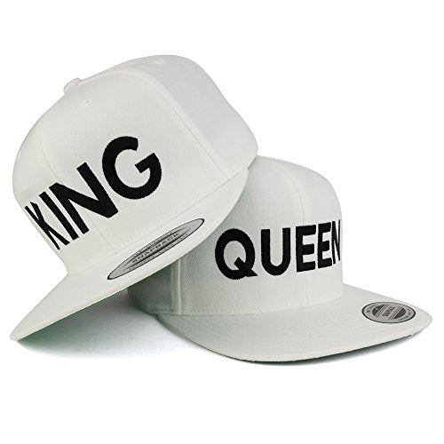 Trendy Apparel Shop King and Queen Embroidered Flat Bill Snapback Off White Cap - 2pc Pack