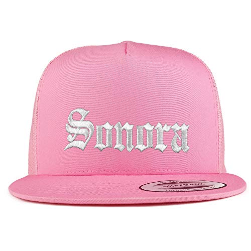 Trendy Apparel Shop Old English Sonora White Embroidered 5 Panel Flatbill Trucker Mesh Cap