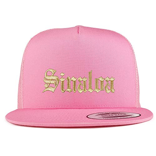 Trendy Apparel Shop Old English Sinaloa Gold Embroidered 5 Panel Flatbill Trucker Mesh Cap