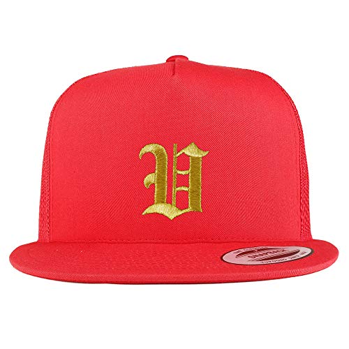 Trendy Apparel Shop Old English Gold V Embroidered 5 Panel Flatbill Trucker Mesh Cap