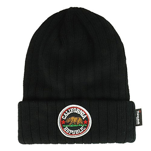 Trendy Apparel Shop Round California Republic Bear Patch Embroidered 3M Thinsulate Fleece Lined Ribbed Cuff Beanie- Black