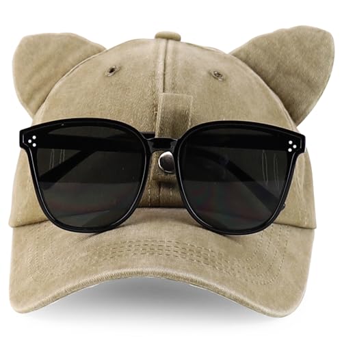 Trendy Apparel Shop Washed Cotton Cat Ear Baseball Cap with Sunglasses Holder