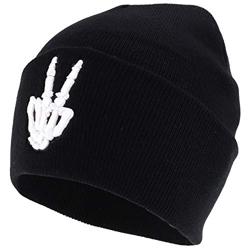Trendy Apparel Shop 3D Skeleton Finger Embroidered Winter Cuff Folded Beanie
