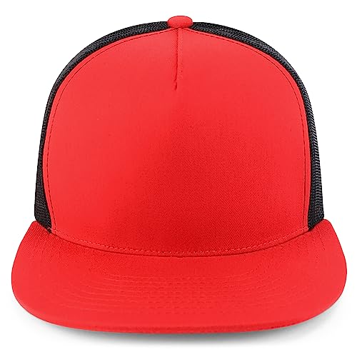 Trendy Apparel Shop Structured High Crown 5 Panel Round Flat Bill Trucker Cap