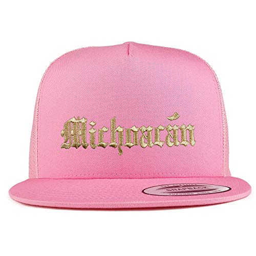 Trendy Apparel Shop Old English Michoacan Gold Embroidered 5 Panel Flatbill Trucker Mesh Cap