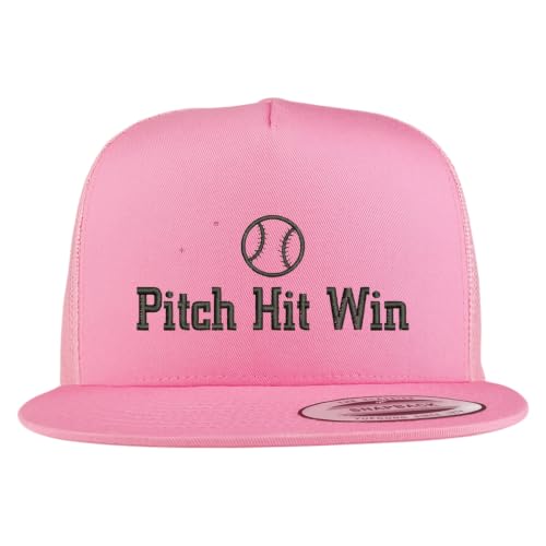 Trendy Apparel Shop Pitch Hit Win Embroidered 5 Panel Flatbill Trucker Mesh Cap