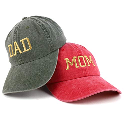 Trendy Apparel Shop Capital Gold Thread Mom and Dad Pigment Dyed 2 Pc Cap Set