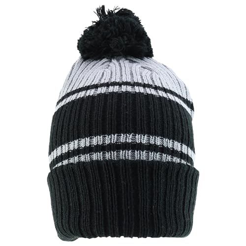 Trendy Apparel Shop Stripe Pattern Ribbed Knit Cuff Long Beanie with Pom Pom