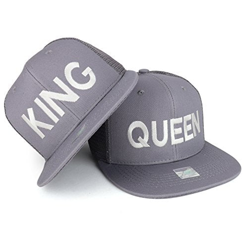 Trendy Apparel Shop King and Queen Embroidered Cotton Flat Bill Mesh Cap