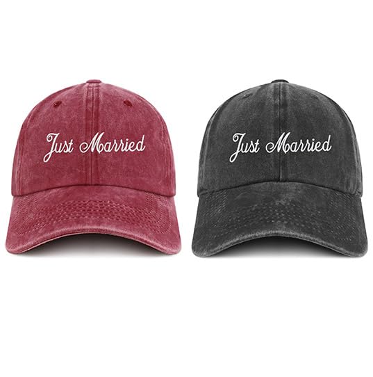 Trendy Apparel Shop Just Married Embroidered Pigment Dyed Cotton Couple 2 Pc Cap Set