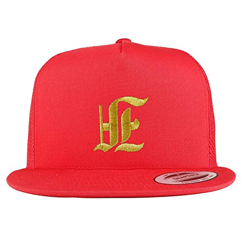 Trendy Apparel Shop Old English Gold F Embroidered 5 Panel Flatbill Trucker Mesh Cap