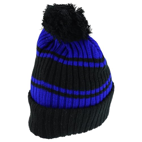 Trendy Apparel Shop Stripe Pattern Ribbed Knit Cuff Long Beanie with Pom Pom