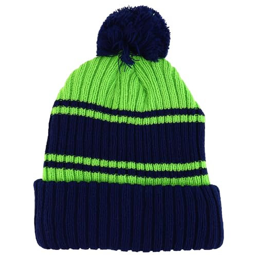 Trendy Apparel Shop Stripe Pattern Ribbed Knit Cuff Long Beanie with Pom Pom