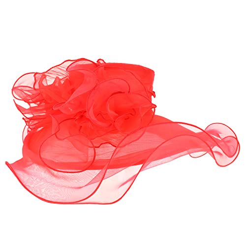 Trendy Apparel Shop Big Brim Pleated Rhinestone Brooch Flower Organza Hat